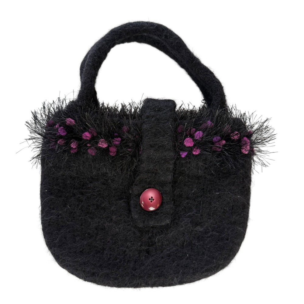 Handmade Black Felted Wool Mini Bag Purple Polka Dot Eyelash Fringe Button Trim